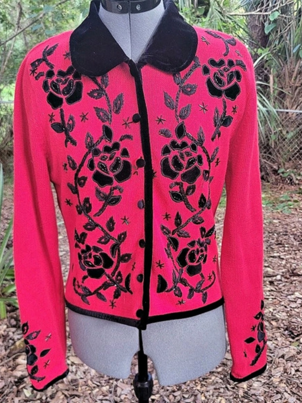 Work in Progress Floral Embroidered Cardigan in Red & Black